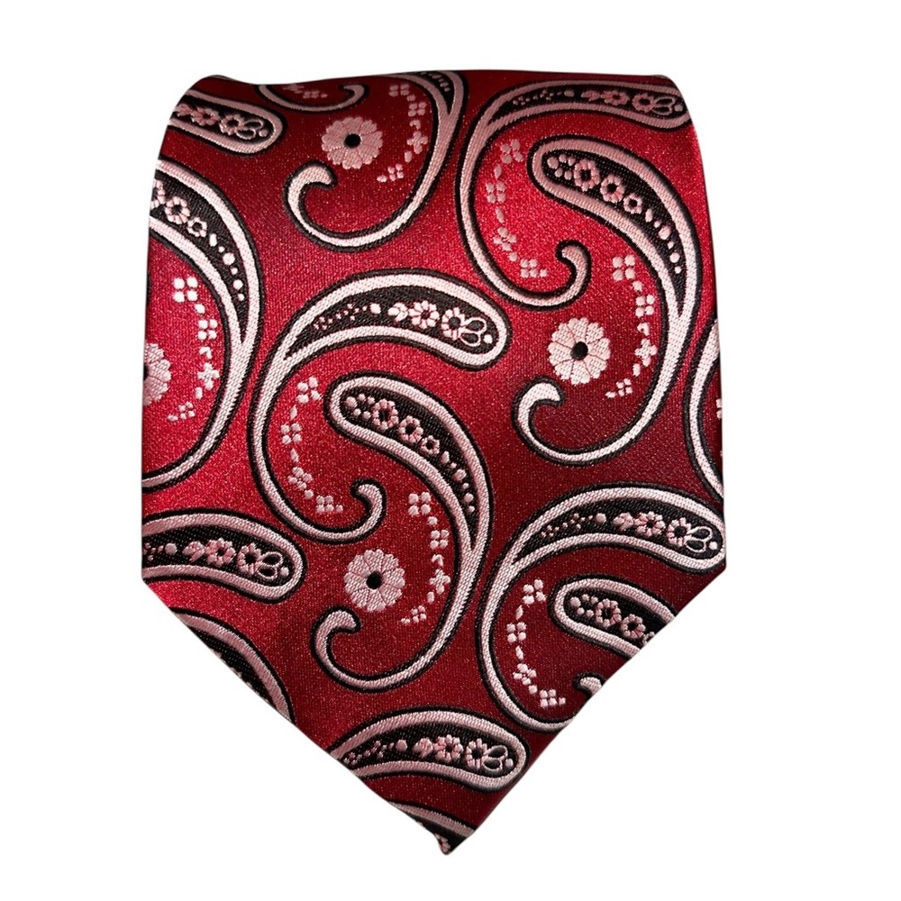 Vtg Kai Long Mens Tie Handmade 100% Silk Red Paisley Necktie 57x3.75”